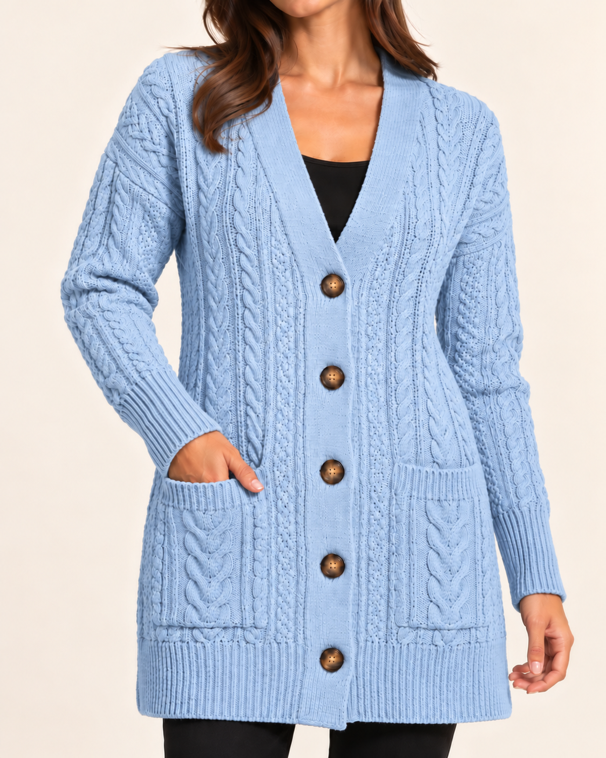 Women's light blue cable knit button front coatigan close variant view