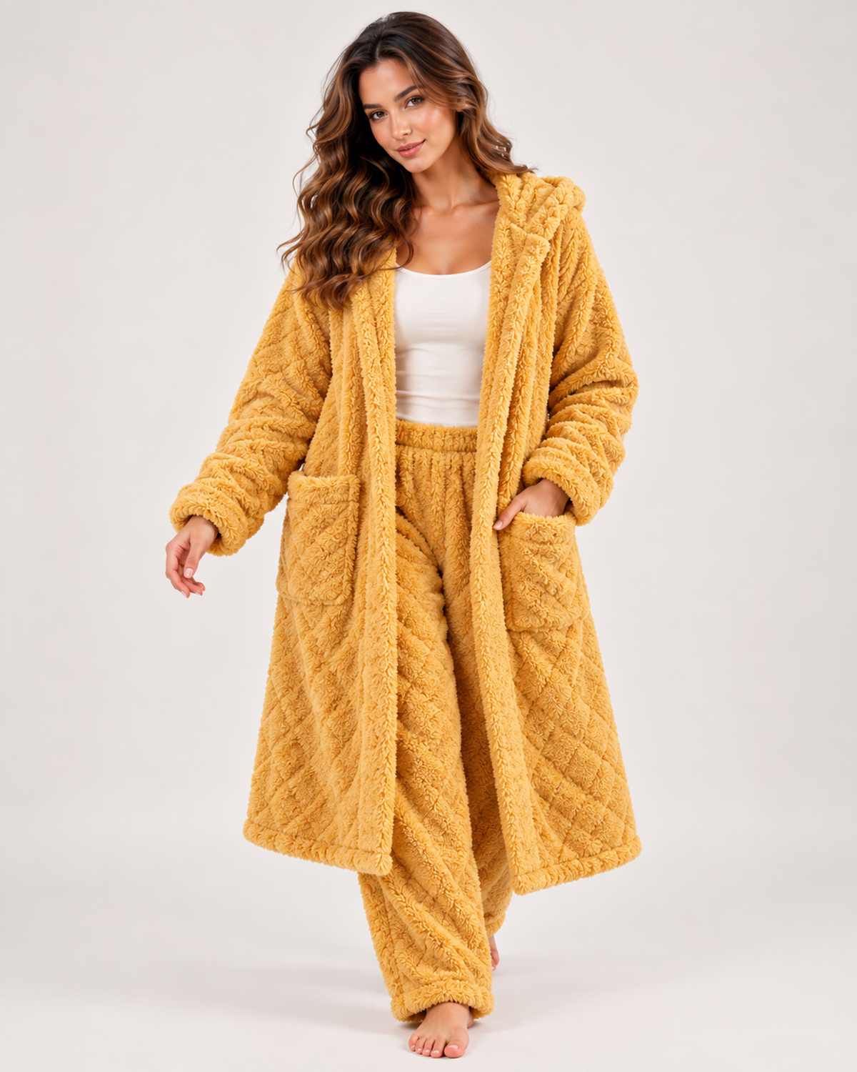 Women’s Pyjama Set with Long Hooded Robe and Trousers in Mustard, full body view
