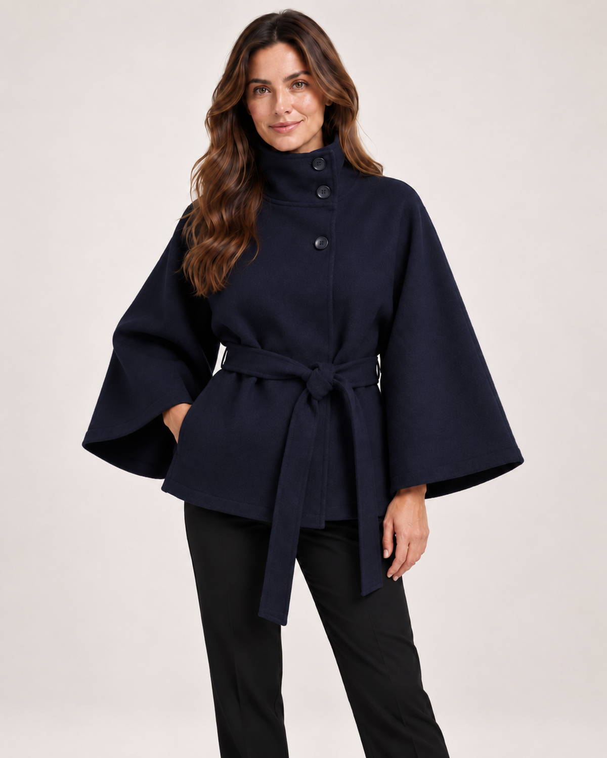 Women’s Cape Coat with Funnel Neck and Belt in Navy Blue, lower body product focus view