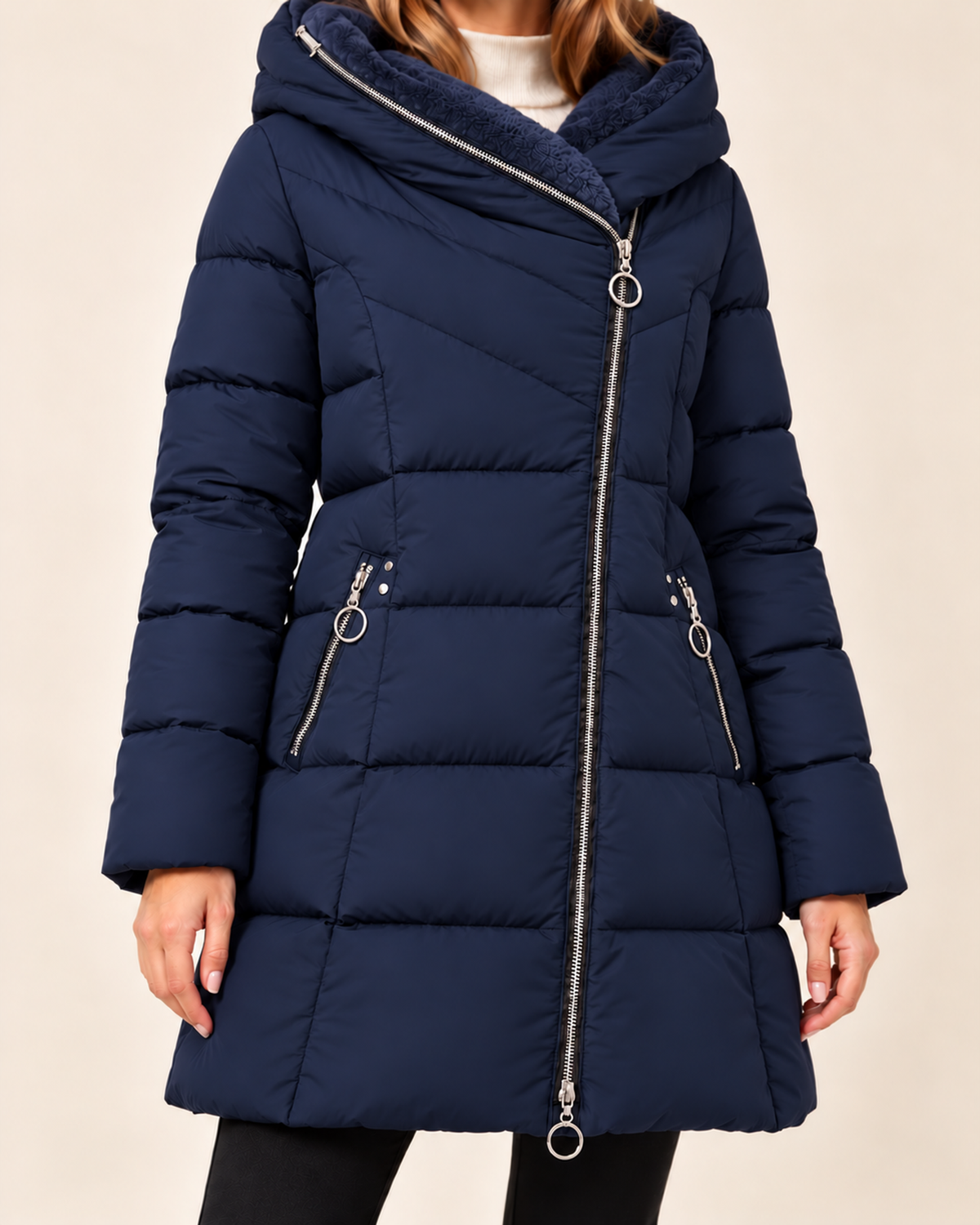 Women's navy blue long puffer jacket with asymmetric zip close variant view