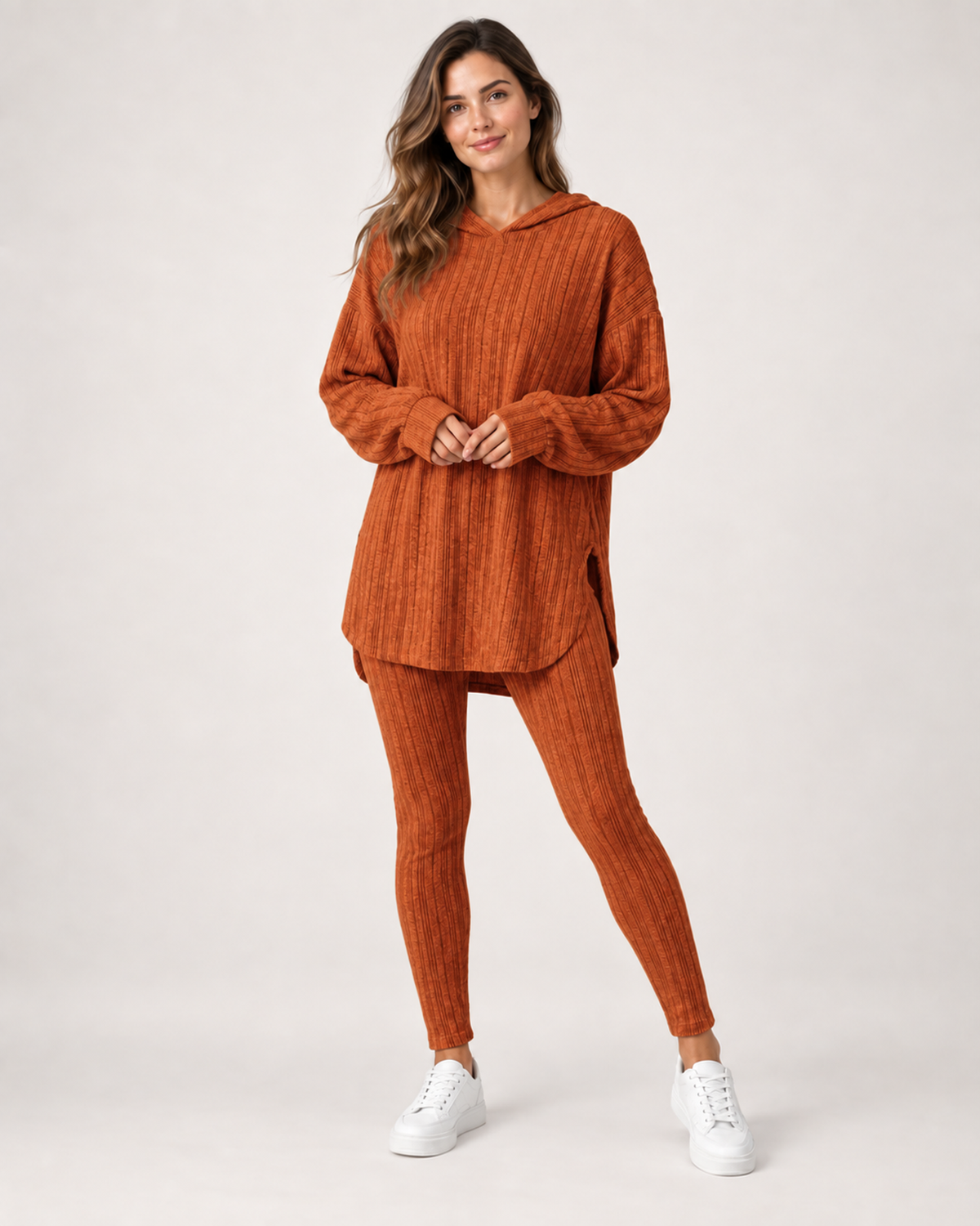 Women’s Loungewear Set with Hooded Longline Top and Leggings in Orange, full body view