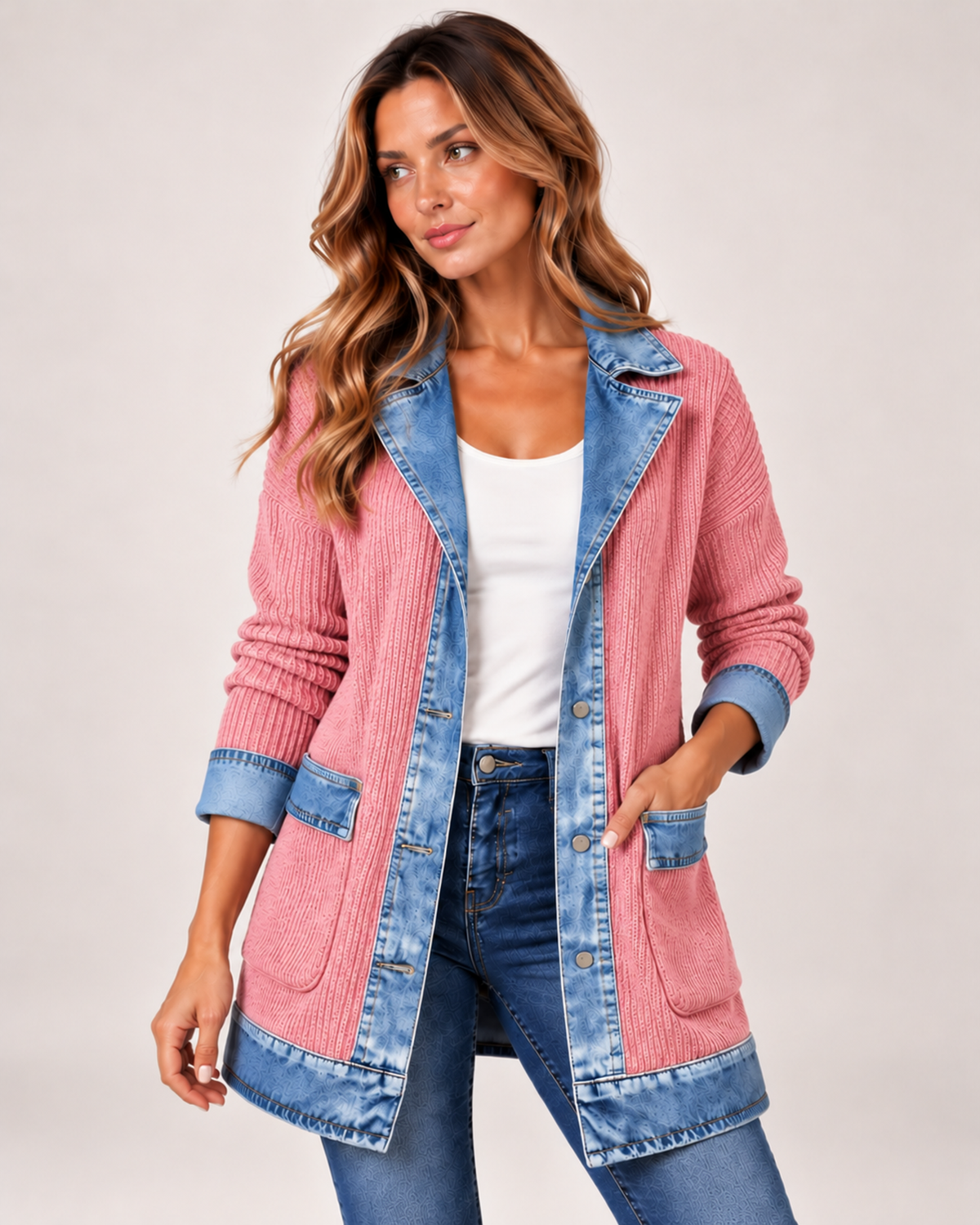 Women's Coatigan with Denim Collar and Button Front pink close variant view