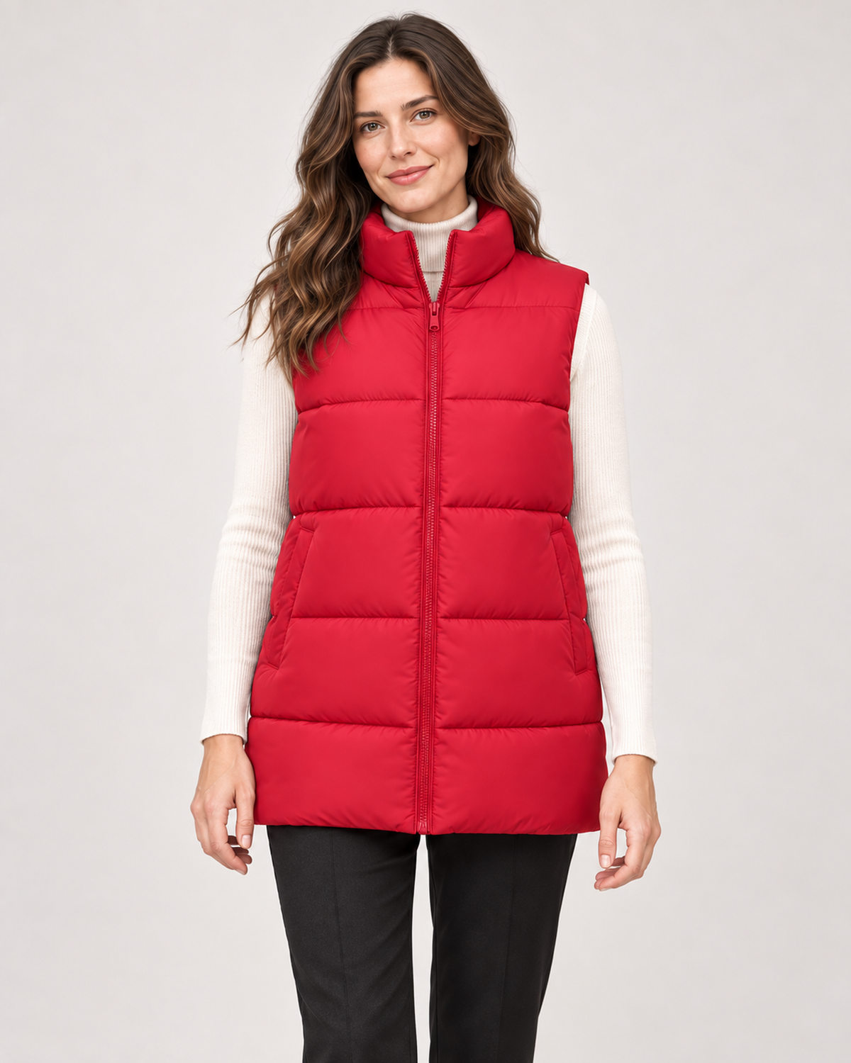 Women’s Puffer Gilet with Longline Shape and Stand Collar in Pink, full body view