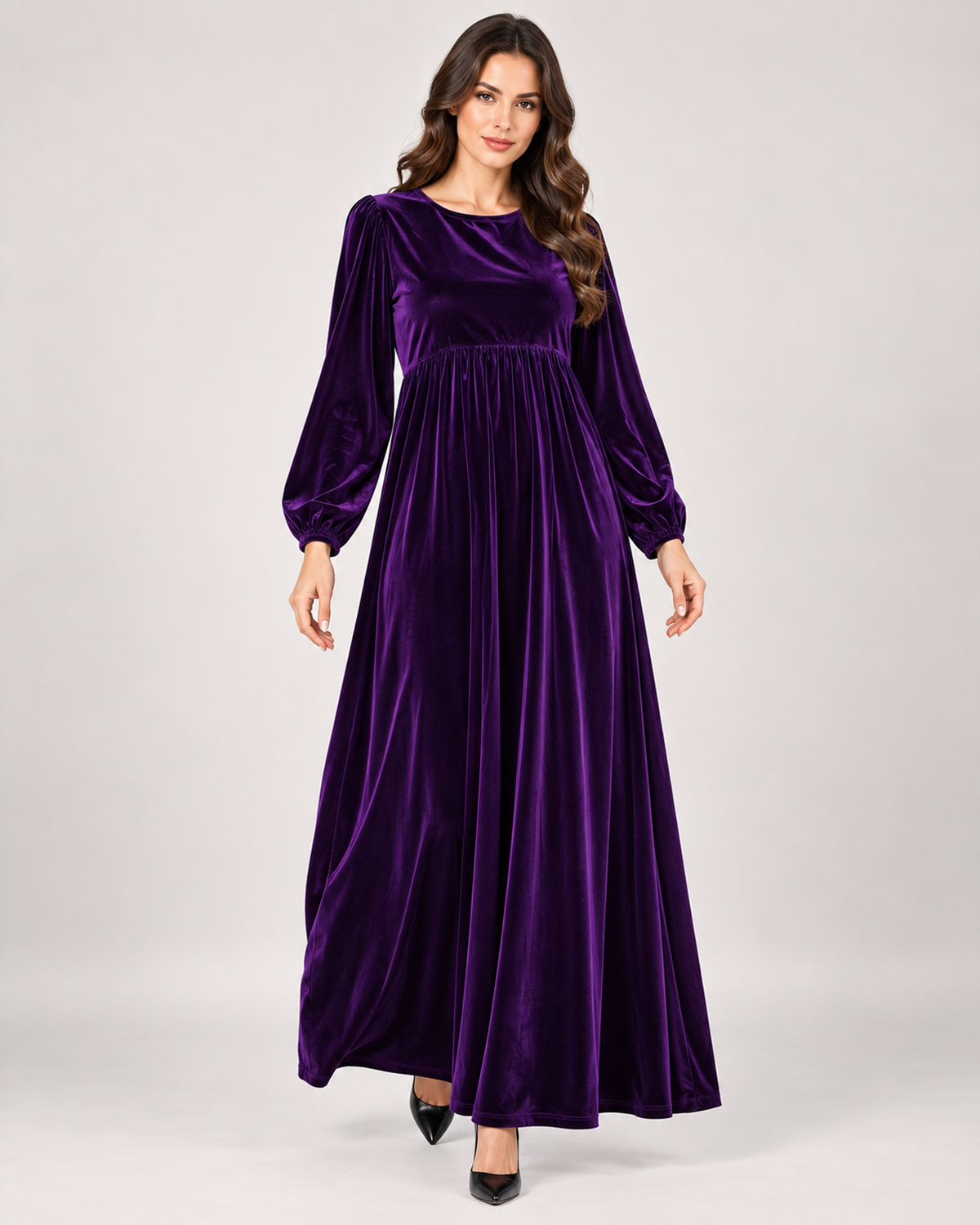 Women’s Velvet Maxi Dress with Draped Waist in Purple, lower body product focus view