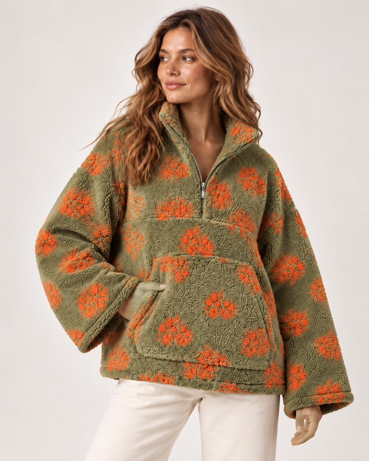 Women's Borg Jacket with Floral Pattern and Half Zip sage orange floral close variant view