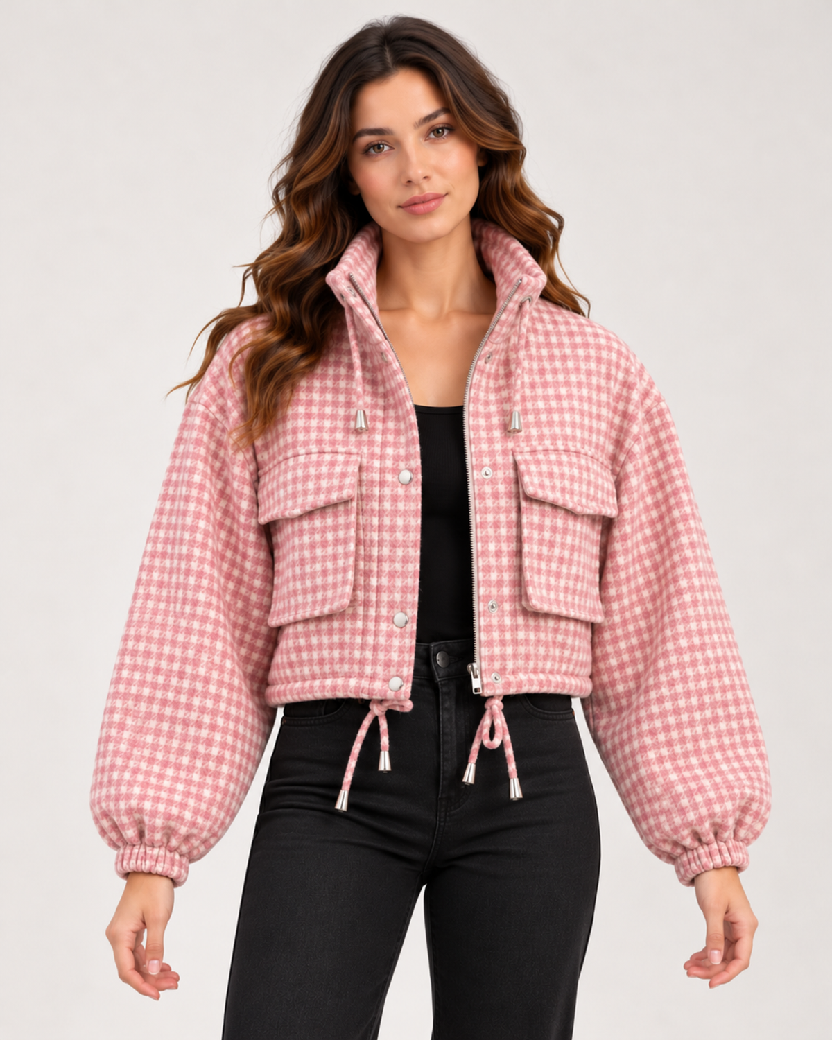 Women's pink checked cropped jacket