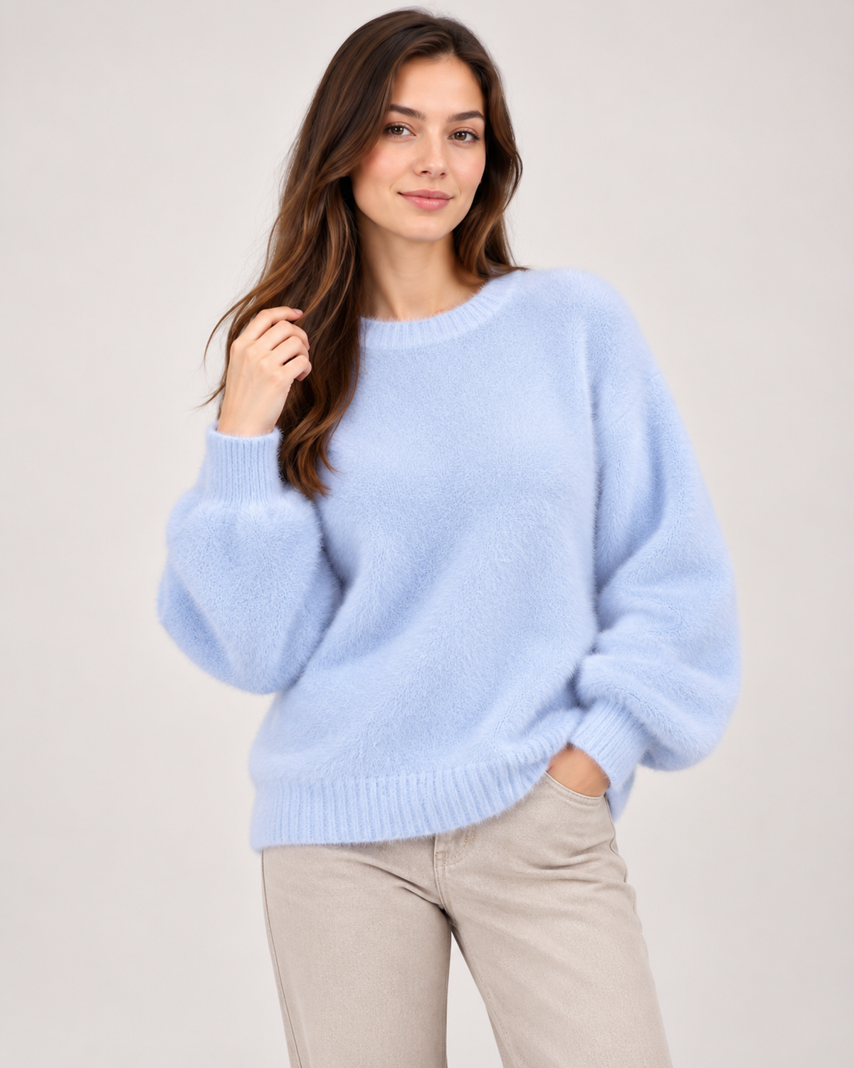 Women's sky blue fluffy crew neck jumper