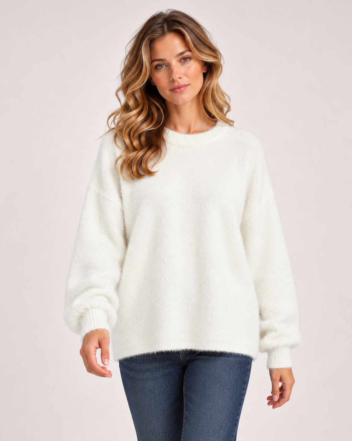 Women’s Fluffy Jumper with Crew Neck in White, upper body product focus view