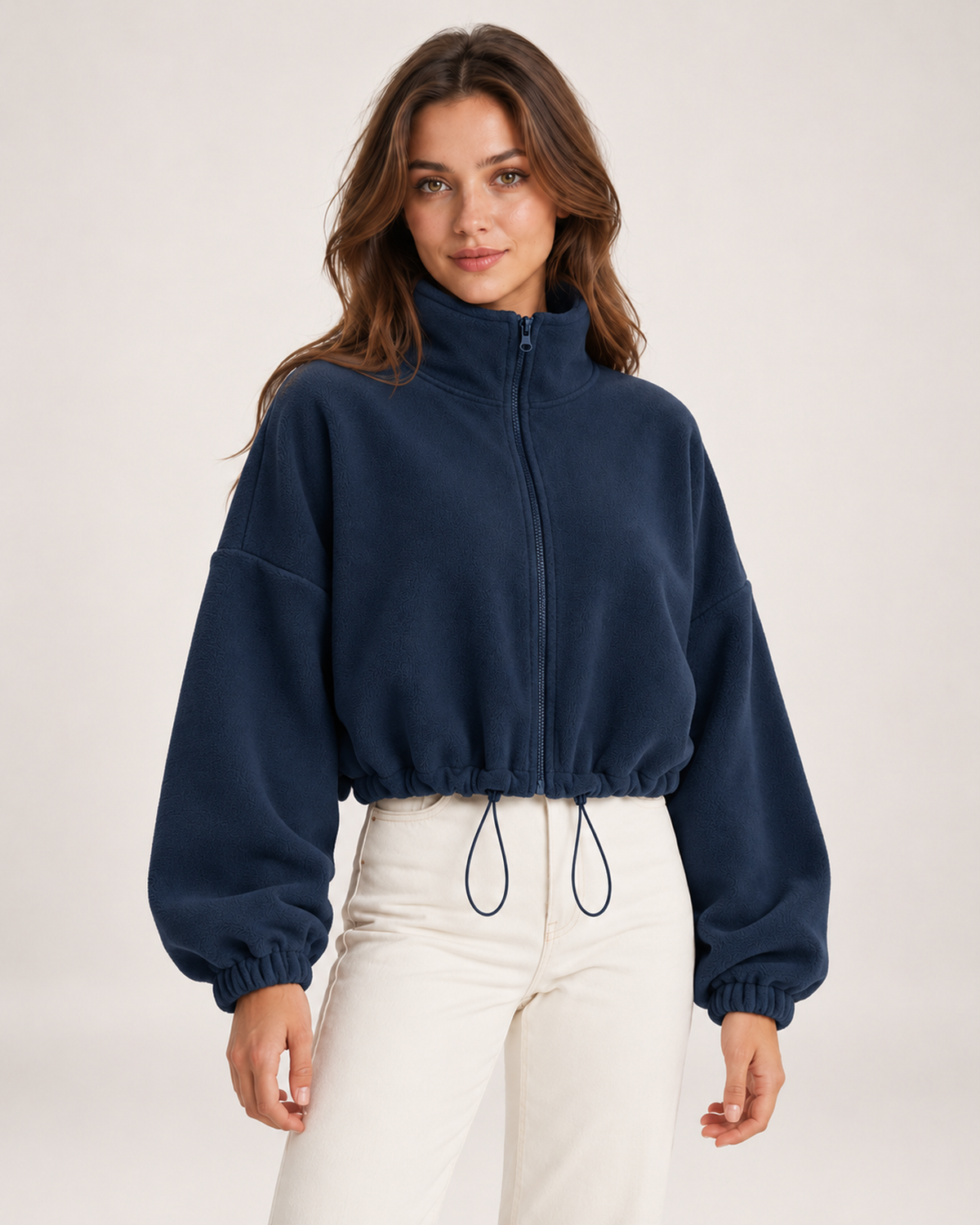 Women’s navy blue fleece jacket close three quarter view