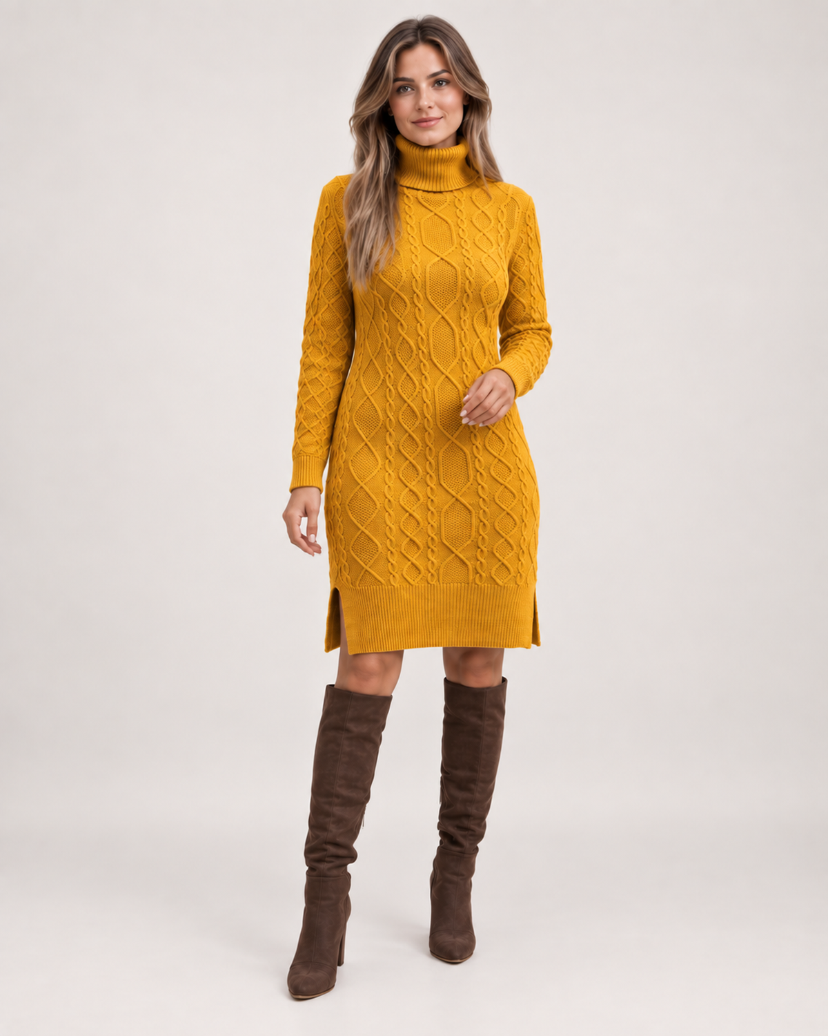 Women’s yellow cable knit jumper dress full body view