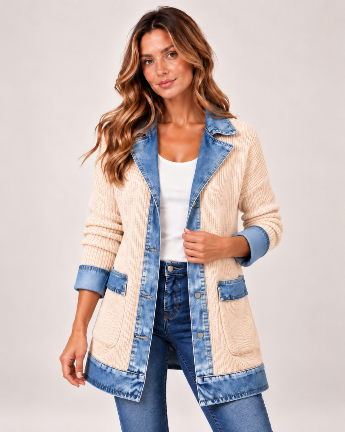 Women's Coatigan with Denim Collar and Button Front apricot close variant view