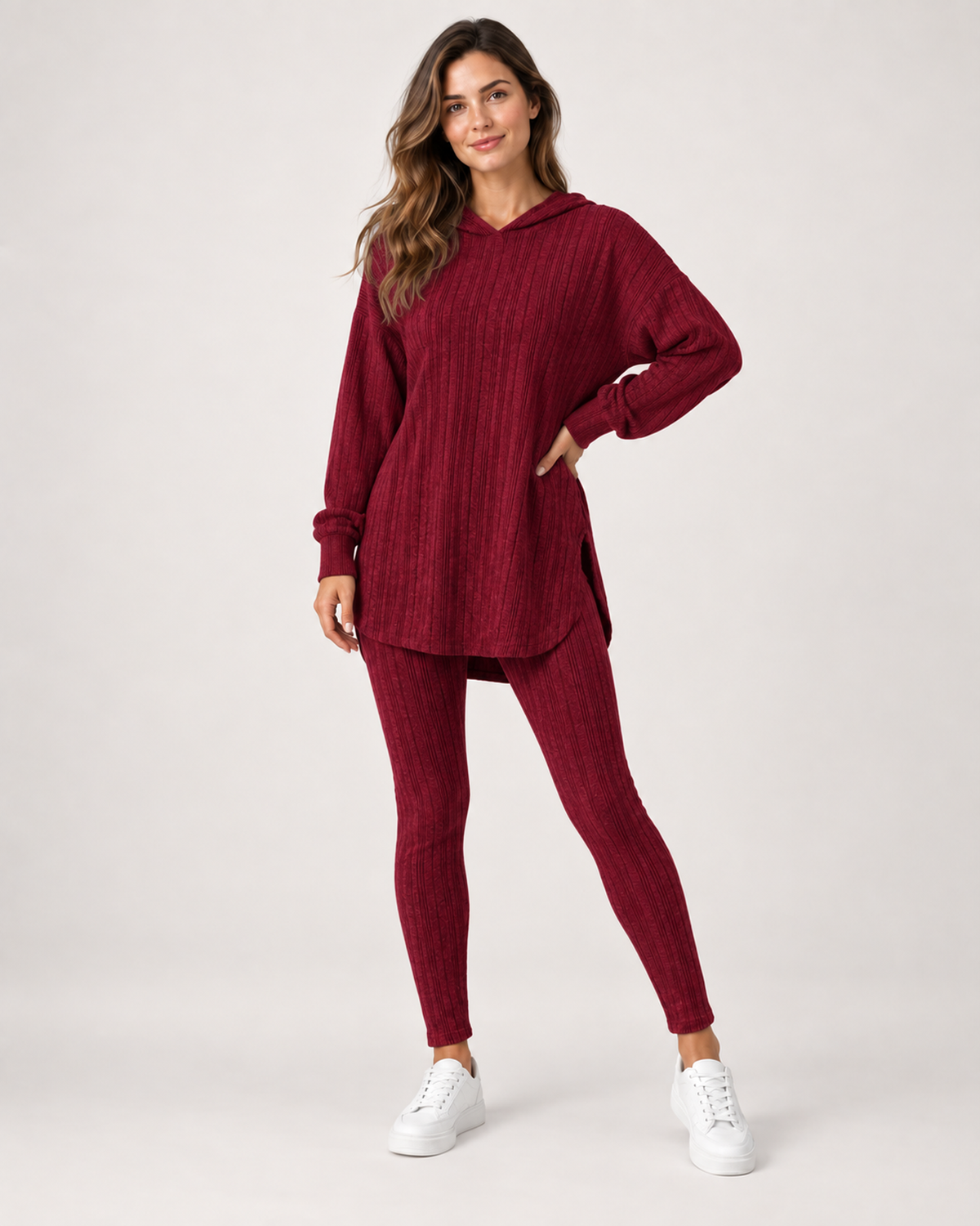 Women’s Loungewear Set with Hooded Longline Top and Leggings in Burgundy, full body view