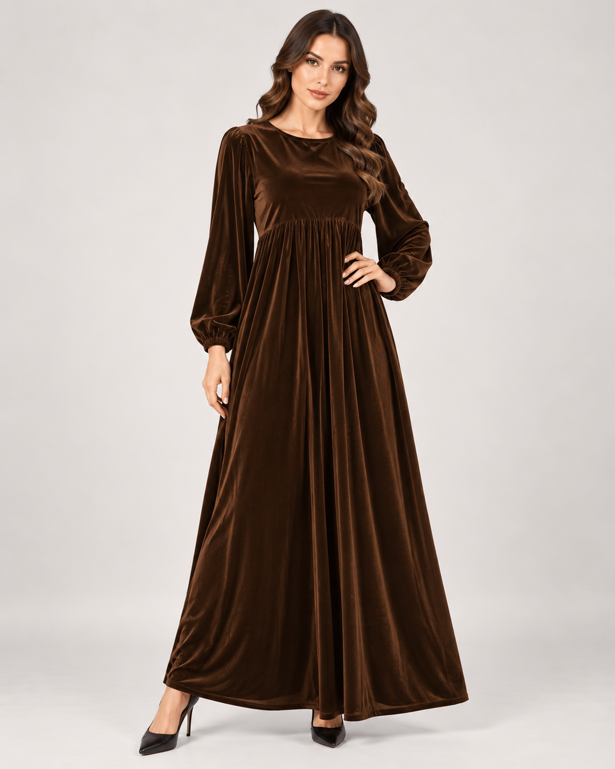 Women’s Velvet Maxi Dress with Draped Waist in Dark Brown, lower body product focus view
