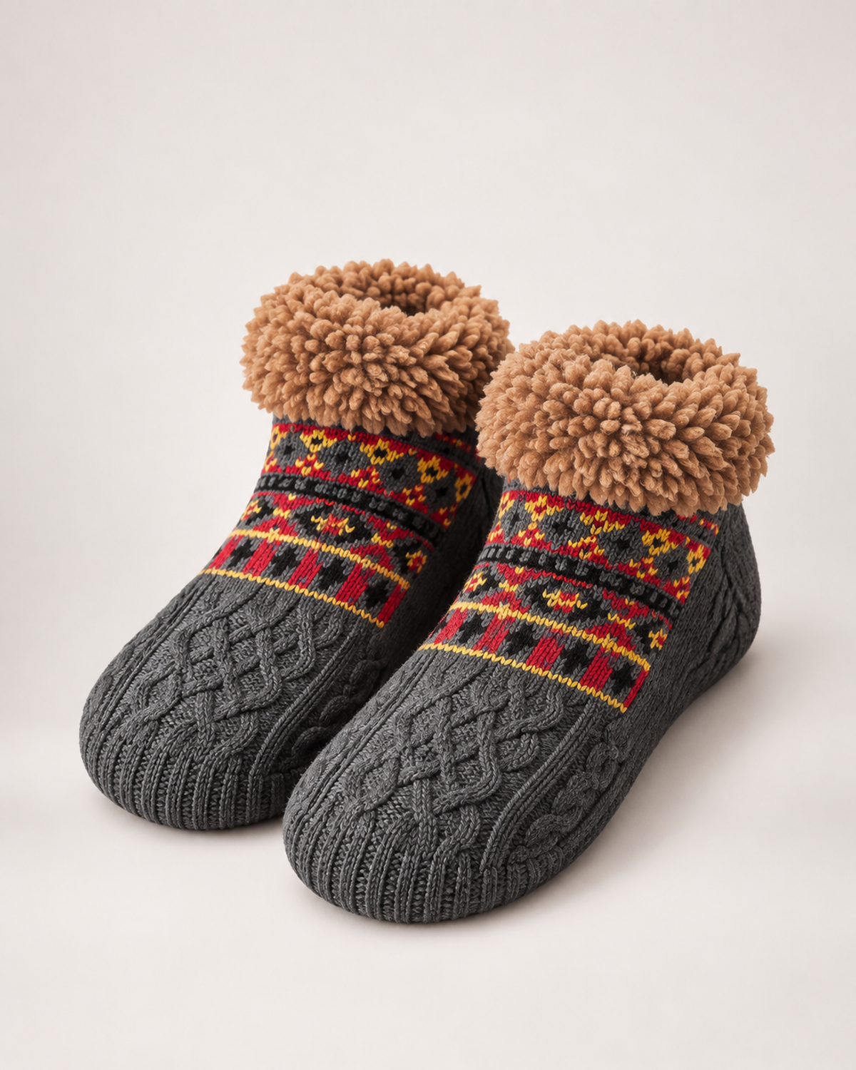 Women’s Slipper Socks with Fair Isle Pattern in Dark Grey, product only pair front three quarter view