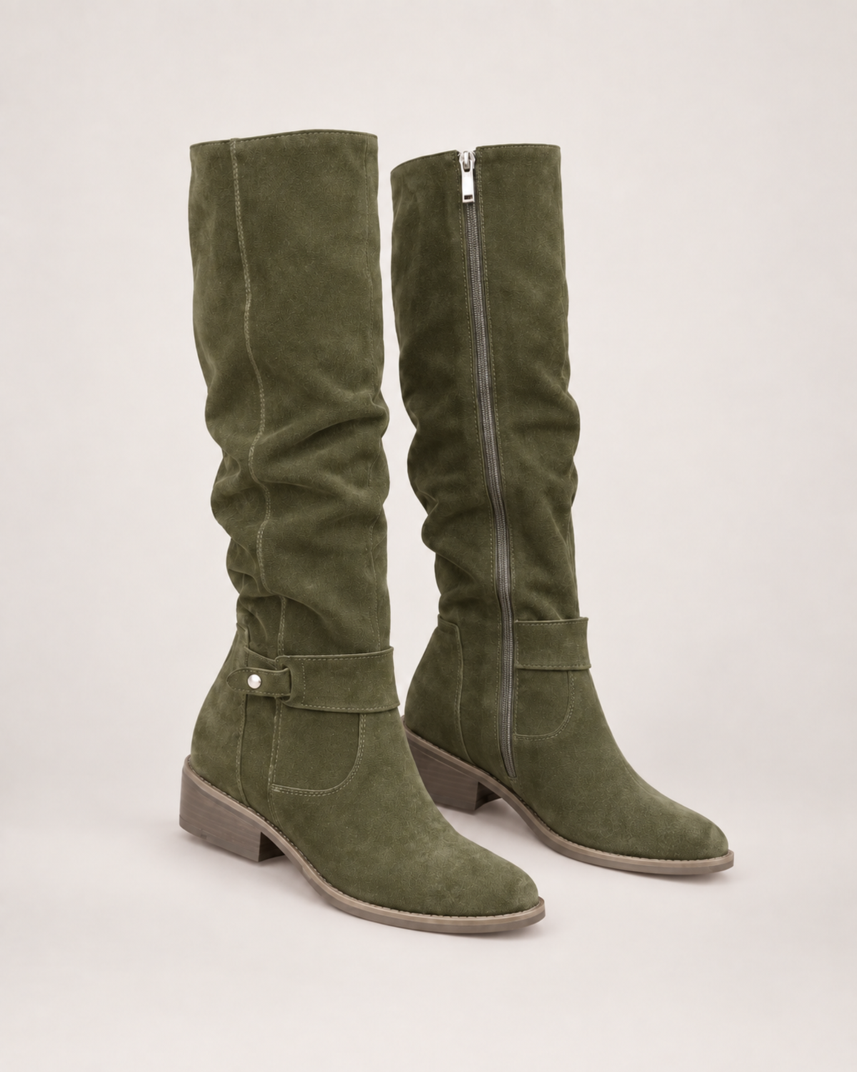 Women’s Knee High Boots with Low Heel and Side Zip in Green, product only pair front three quarter view