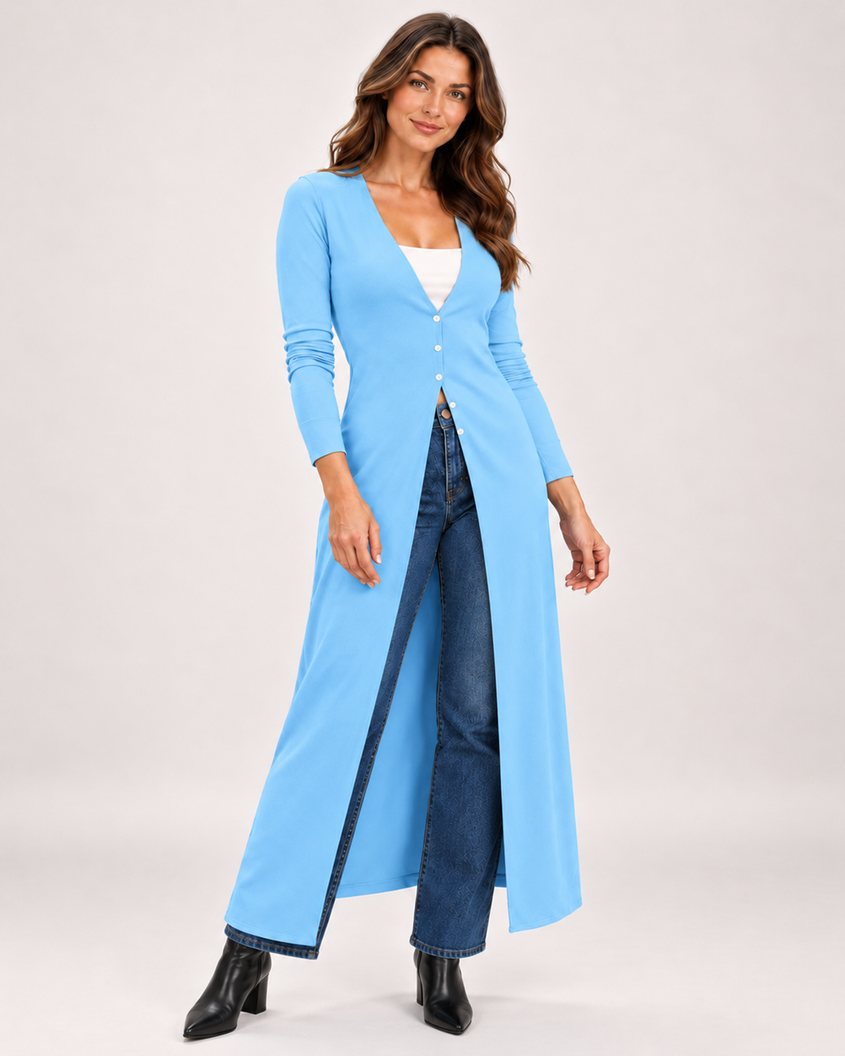 Women's Coatigan with V Neck and Longline Button Front light blue close variant view