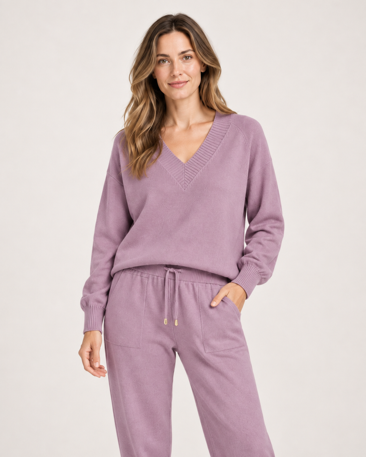 Women’s Loungewear Set with V-Neck Top and Joggers in Purple, full body view