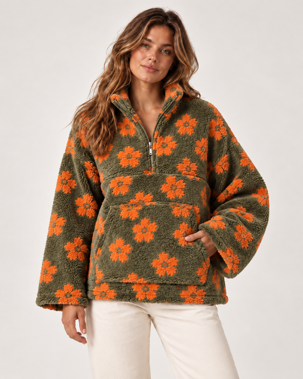Women's Borg Jacket with Floral Pattern and Half Zip sage style 2 close variant view