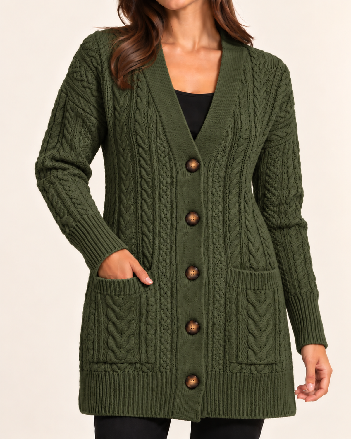 Women's army green cable knit button front coatigan close variant view