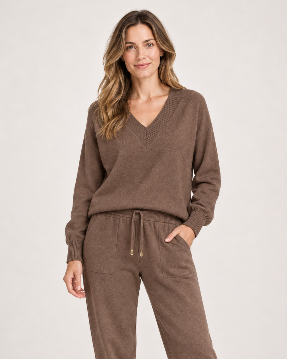 Women’s Loungewear Set with V-Neck Top and Joggers in Coffee, full body view