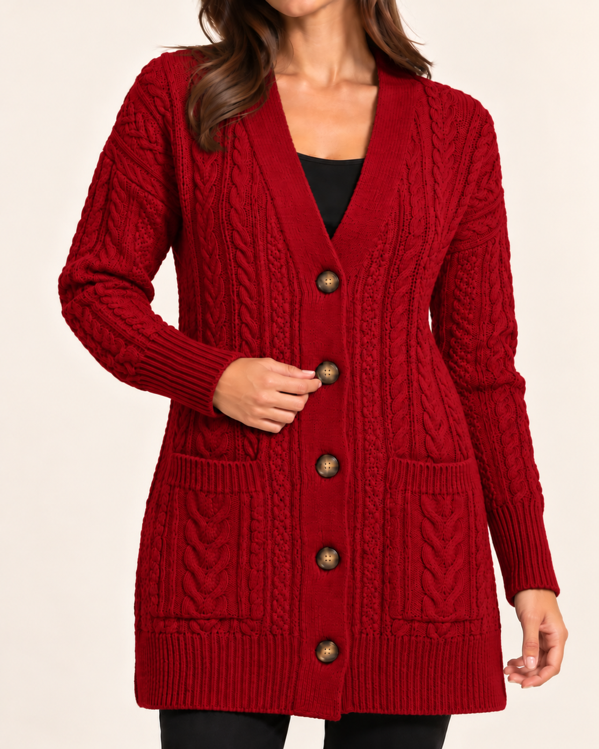 Women's red cable knit button front coatigan close variant view