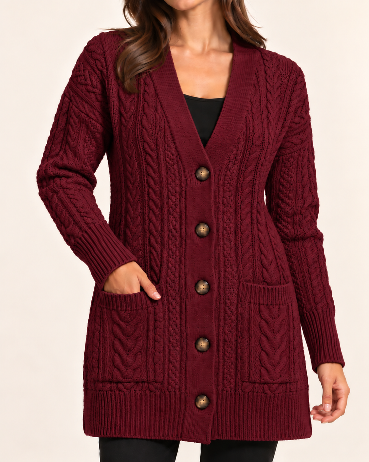 Women's burgundy cable knit button front coatigan close variant view