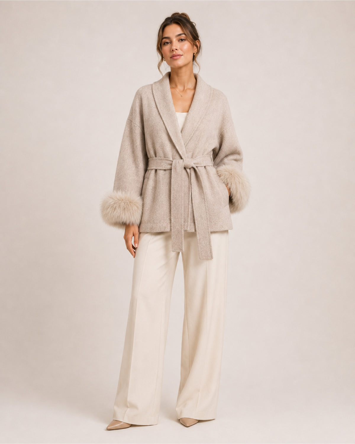 Women's Short Belted Coat with Faux Fur Cuffs