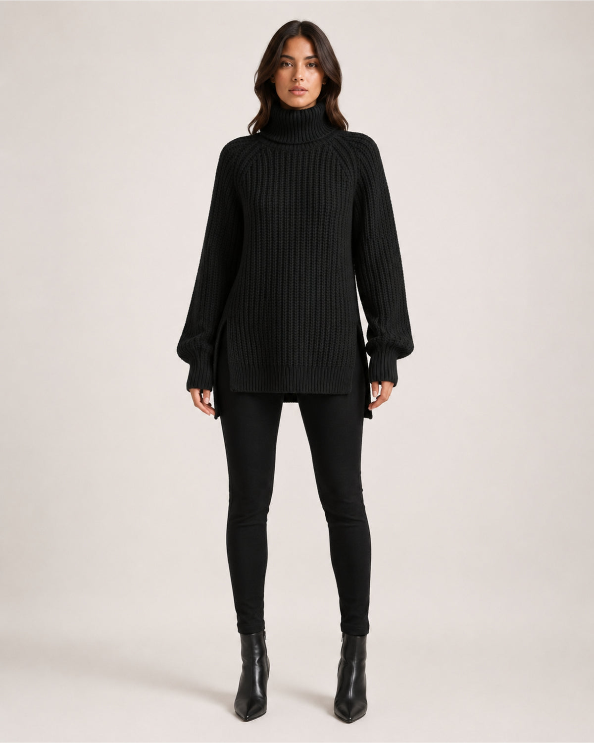 Women's Chunky Knit Roll Neck Jumper with Side Splits
