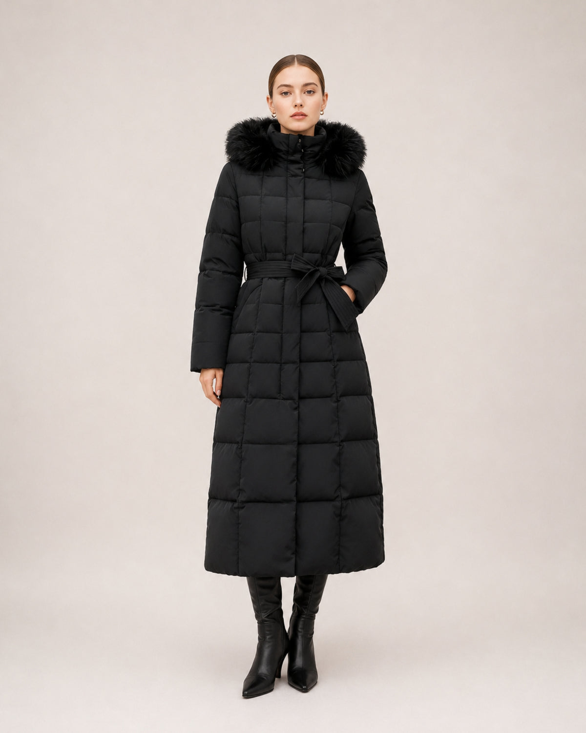 Women's Long Puffer Coat with Faux Fur Hood & Belt