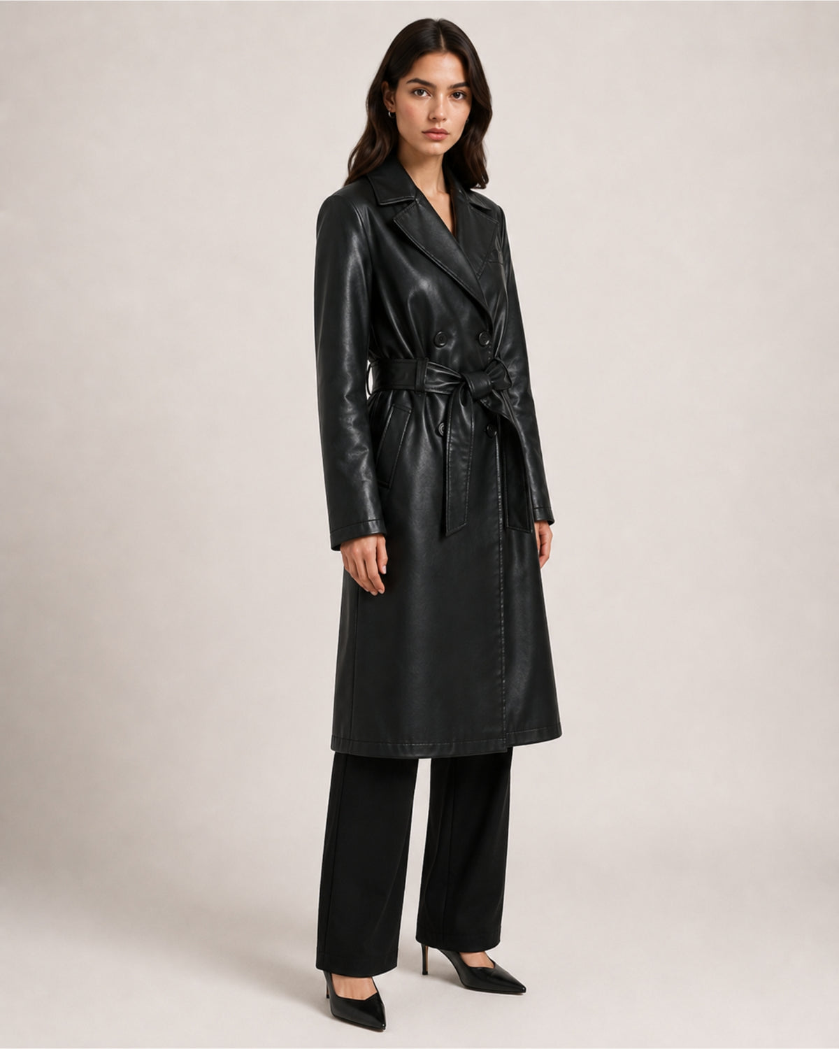 Women's Trench Coat Faux Leather Longline Belted Style