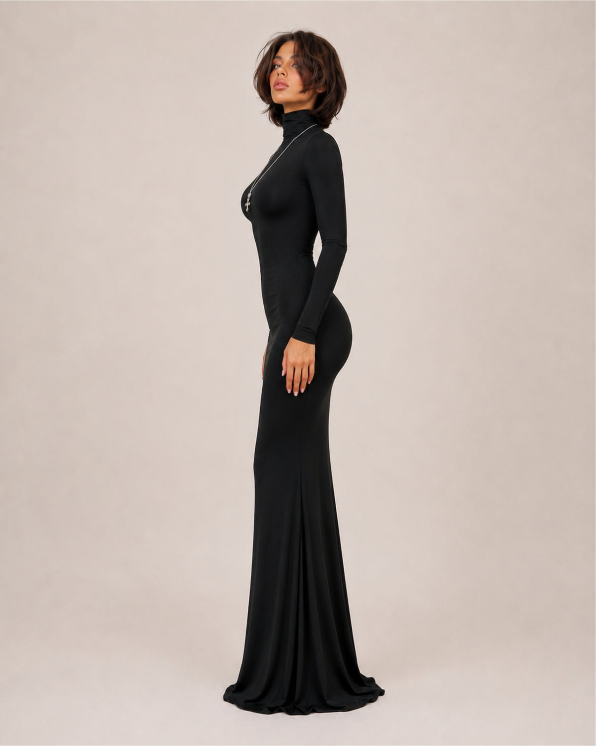 Women's Long Sleeve Bodycon Maxi Dress with High Neck