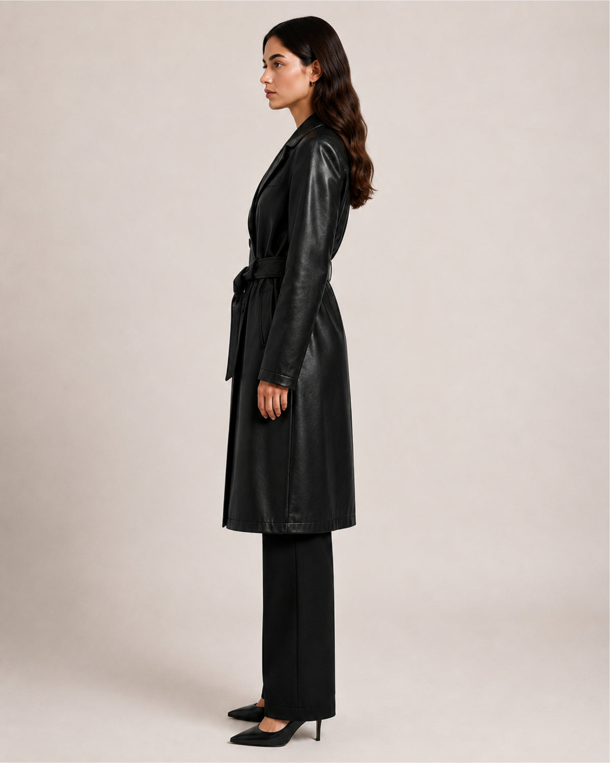 Women's Trench Coat Faux Leather Longline Belted Style