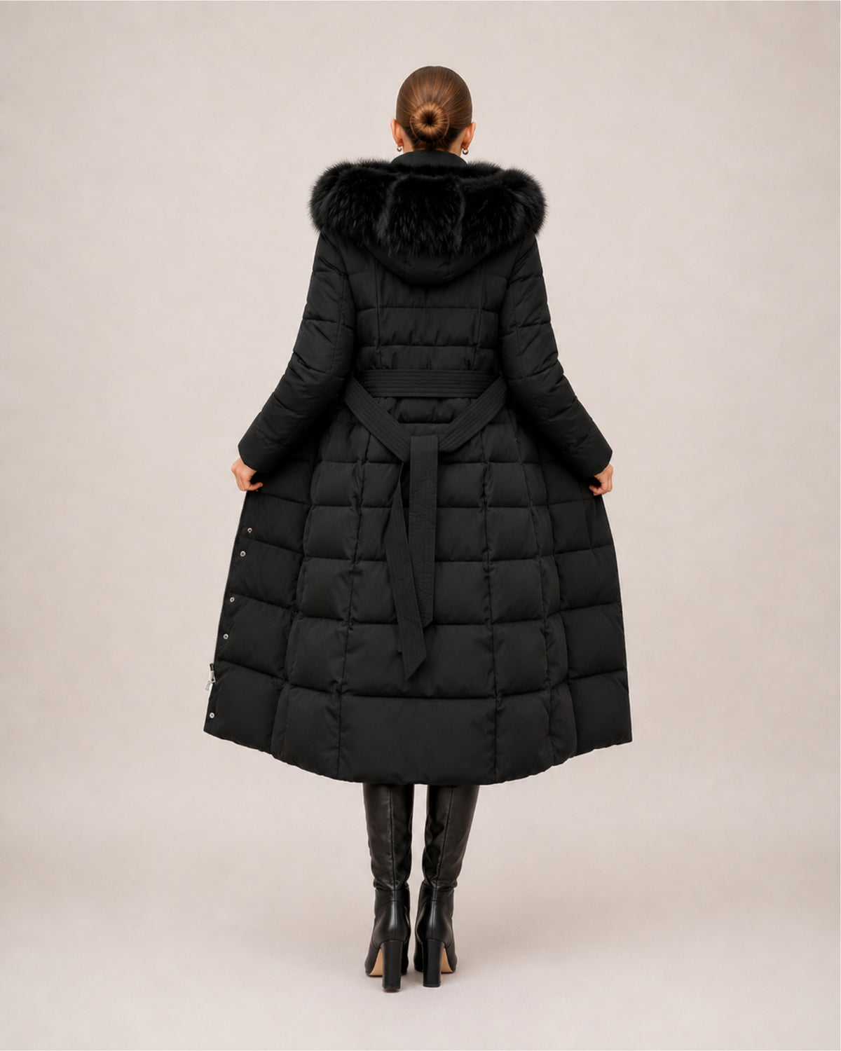 Women's Long Puffer Coat with Faux Fur Hood & Belt