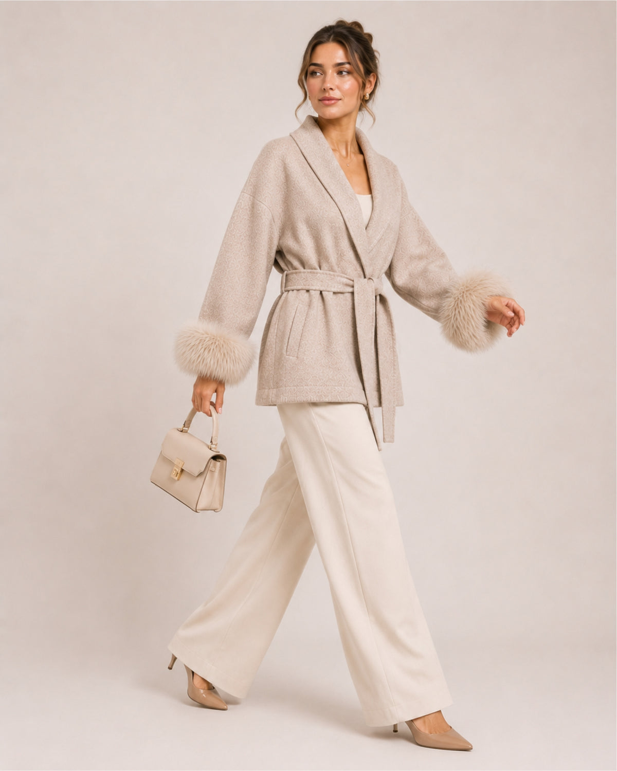 Women's Short Belted Coat with Faux Fur Cuffs