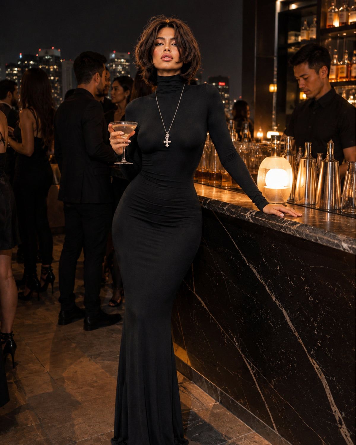 Women's Long Sleeve Bodycon Maxi Dress with High Neck