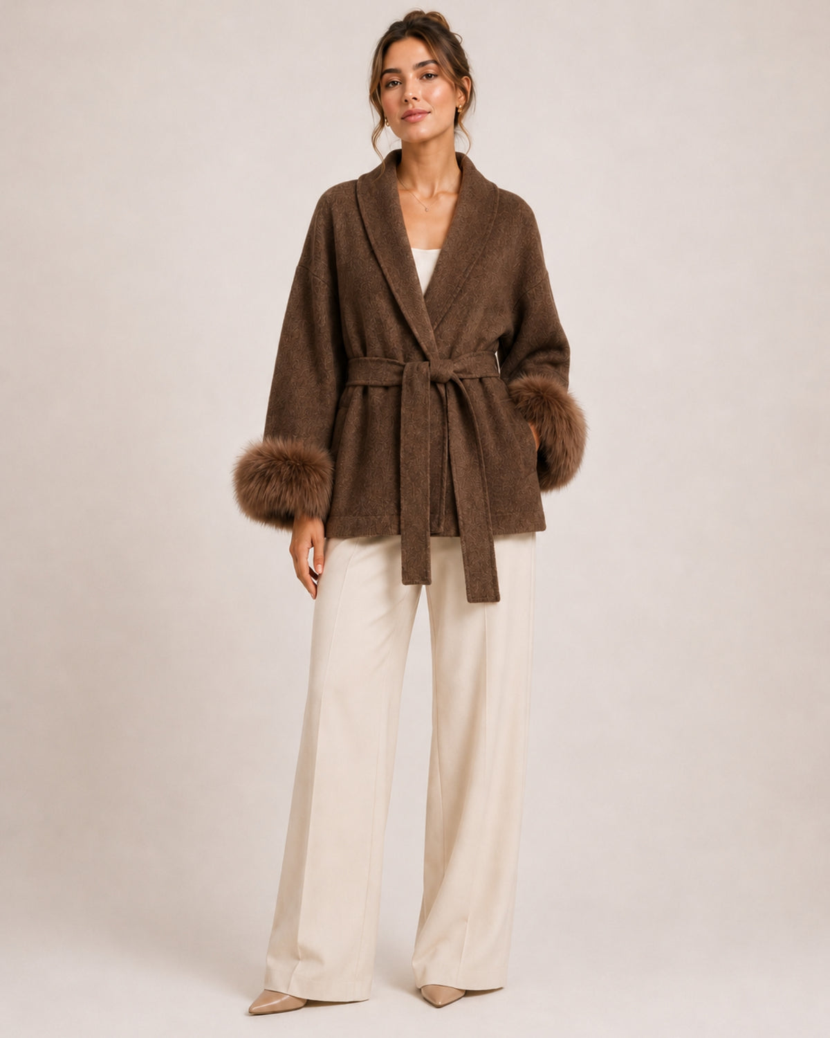 Women's Short Belted Coat with Faux Fur Cuffs